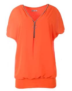 FASHION YOU WANT Damen Falten Kurzarm Tunika Batwing Rundkragen Bluse mit Reißverschluss am Kragen (as3, Numeric, Numeric_46, Numeric_48, Regular, Regular, orange) von FASHION YOU WANT