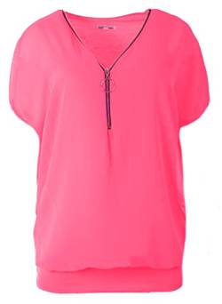 FASHION YOU WANT Damen Falten Kurzarm Tunika Batwing Rundkragen Bluse mit Reißverschluss am Kragen (as3, Numeric, Numeric_48, Numeric_50, Regular, Regular, neon pink) von FASHION YOU WANT