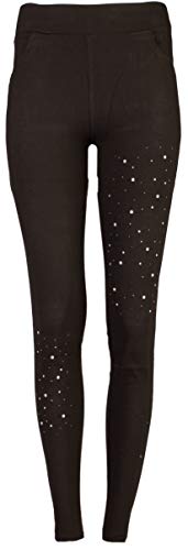 FASHION YOU WANT Damen Leggings/Jeggings Gr.34 bis 44 mit Spitze Nieten Steinchen Stern Totenkopf Perlen Leder High Waist Netz Spitzenleggings (Steinchen schwarz, 34/36) von FASHION YOU WANT