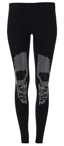 FASHION YOU WANT Damen Leggings/Jeggings Gr.34 bis 44 mit Spitze Nieten Steinchen Stern Totenkopf Perlen Leder High Waist Netz Spitzenleggings (Totenkopf schwarz, 40/42) von FASHION YOU WANT