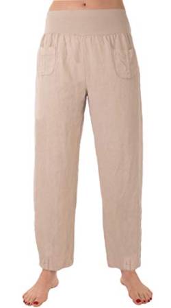 FASHION YOU WANT Damen Leinenhose Größe 36/38 bis Größe 50/52 aus 100% Leinen leichte Sommerhose Tunnelbund mit Gummizug und 2 aufgesetzten Taschen vorne weiter Schnitt (38/40, beige) von FASHION YOU WANT