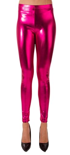 FASHION YOU WANT Damen Metallic Leggings, glänzende Shiny Leggings im Wet Look Party Tanz Disco Kostüm Fasching Karneval (DE/NL/SE/PL, Numerisch, 38, 40, Regular, Regular, neon Fuchsia) von FASHION YOU WANT