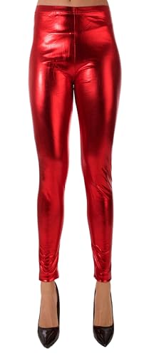 FASHION YOU WANT Damen Metallic Leggings, glänzende Shiny Leggings im Wet Look Party Tanz Disco Kostüm Fasching Karneval (DE/NL/SE/PL, Numerisch, 40, 42, Regular, Regular, rot) von FASHION YOU WANT