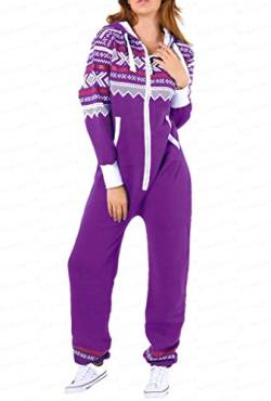 FASHIONCHIC Damen Jumpsuit mit Kapuze, Reißverschluss, Aztekenmuster, Übergröße XL, XXXL, XXXXXXXXXL, 34-50 Gr. XX-Large, violett von FASHIONCHIC