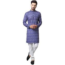 FASHIONZAADI Herren-Pyjama-Set, bedruckt, indisch, Hochzeit, Festlich, Party, lässig, Button-Down-Shirt für Herren, blau, XL von FASHIONZAADI