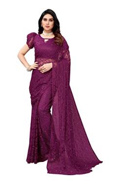 FASHIONZAADI Indischer Damen-Netzsari mit Bluse, Brautschmuck, Hochzeitskollektion, Bollywood-Partykleidung, Sari für Damen, wein, One size von FASHIONZAADI