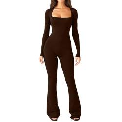 FASLOLSDP Jumpsuit Damen Langarm Einfach Einfarbig Schwarz Yoga Einteiler Bodysuit Stretch Bodycon Tank Top Stretch Bodysuit Einteiler Weites Bein Romper Schlaghosen von FASLOLSDP