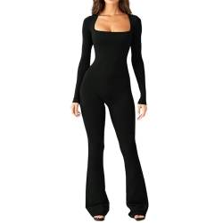 FASLOLSDP Jumpsuit Damen Langarm Einfach Einfarbig Schwarz Yoga Einteiler Bodysuit Stretch Bodycon Tank Top Stretch Bodysuit Einteiler Weites Bein Romper Schlaghosen von FASLOLSDP