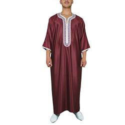 FASLOLSDP Kaftan Herren Abaya Muslimische Robe Muslimische Kleider Stickerei Arabisch Gebet Eid Kleidung Kurzarm Robe Baumwolle Marokkanische Robe Islamische Maxikleid Ramadan Roben von FASLOLSDP