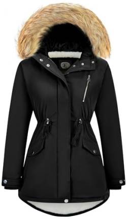 FASRYKOC Damen Fellkapuze Winterparka Verdicken Winterjacke Mantel Kapuzen Puffer Coat mit Abnehmbarer Fellbesatz, Upgrade Schwarz, X-Large von FASRYKOC