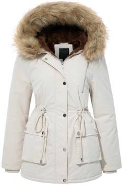 FASRYKOC Damen Pelzkapuze Winter Parka Verdickte Winterjacke Mantel Kapuze Puffer Mantel mit abnehmbarem Fellbesatz, Cremeweiß, XXL von FASRYKOC