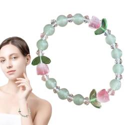 FASSME Freundschaftsperlen aus Glas, handgefertigte Tulpen-Freundschaftsarmbänder, Perlenarmbänder für Damen, elastische Perlenarmbänder, farbig glasierte Blumenarmbänder für Damen von FASSME