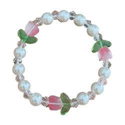 Glas-Freundschaftsperlen, handgefertigte Tulpen-Freundschaftsarmbänder, Damen-Perlenarmbänder, elastische Perlenarmbänder, farbige glasierte Blumenarmbänder für Damen, 1, 1 Stück von FASSME