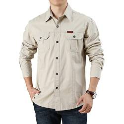 FAWHEWX Herren Button-Down-Hemd, Baumwollwaschung, lässige Langarmjacke, Herren-Langarmshirt mit normaler Passform, lockeres Langarm-Freizeithemd mit Brusttasche,(D-Beige/XL) von FAWHEWX