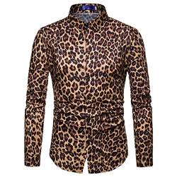 FAWHEWX Herren-Hemd mit Leopardenmuster, langärmlig, Animal-Print, Gepard, lässiges Button-Down-Hemd, Vintage-Stil, Herren-Hemd mit Animal-Print, Button-Down-Langarm, Party-Hemd,(B-Gelb/M) von FAWHEWX