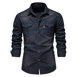 FAWHEWX Herren-Jeanshemd, Stretch-Baumwolle, Reversoberteil, Arbeitshemd, Knopfhemd, Jeansjacke, Muskel-Slim-Fit, Herren-Denim, bügelfrei, lässig, einfarbig, bügelfrei, Langarmhemd(B-Blau/XL) von FAWHEWX