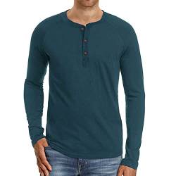 FAWHEWX Herren-Langarmshirt mit 3 Knöpfen, Henley-T-Shirt, Baumwoll-Top, Henley-T-Shirt, Herren-Langarmshirt, Baumwolle, Slim-Fit-Hemd, Knopfleiste, Rundhalsausschnitt, Basic-Langarm,(G-Blau 1/XXL) von FAWHEWX