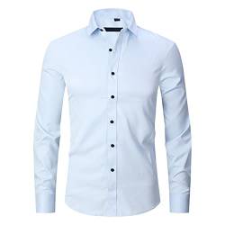 FAWHEWX Herren-Stretch-Dünn-Business-Langarmhemd Slim Fit Polyester Einfarbig Stretch-Langarmhemd Herren-Langarm-Kleiderhemd Einfarbig Slim Casual Business-Button-Down-Hemd(C-Blau/L) von FAWHEWX