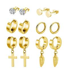 Männer Ohrringe Edelstahl 6 Paare Gold Ohrringe Herren Medizinische Piercing Ohrstecker Kreuz Creolen Gold Klein Set Dangle Ohrringe für Männer Damen Jungen von FAZKAR