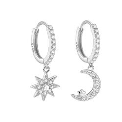 Ohrringe Silber 925 Hängend Creolen Silber 1 Pair Sterne und Mond Silber Ohringe Damen Hypoallergic Ohrringe für Mädchen Frauen 12mm von FAZKAR