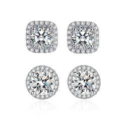 Ohrringe Silber 925 Stecker Damen Ohrringe Silber,2 Pair Aanallergic Suqare und Rund Cubic Zirkon Ohrstecker Set Ohrstecker Silber für Damen Mädchen 9mm 10mm von FAZKAR