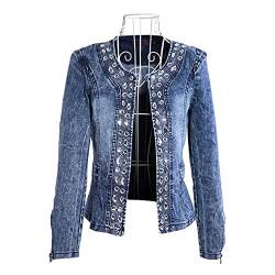 Damen Jeansjacke - Strass Streetwear Fashion Revers Jeans Outwear Für Damen, Einreihig Langarm Damen Herbst Lose Cowboy Tops Mantel Plus Größe S - 2XL,Blau,XL von FBYDLL