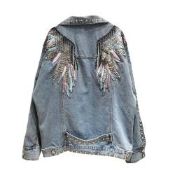 FBYDLL Damen Stickerei Jeansjacke - Federflügel Quaste Nieten Fashion Streetwear Jeans Outwear, Ethnischer Stil Lässige Allgleiches Langarm Tops Mantel, Herbst Cowboy Tops Mantel Für Blau,Einhe von FBYDLL