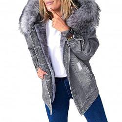 FBYDLL Damen Warme Jeansjacke Mode Dicker Herbst Jeansmantel, Schwarz Mit Kapuze Lässige Damen Oversized Denim Cowboy Top Damen Kunstpelz Wintermantel Übergröße Outwear Xs - 5XL,Grau,4XL von FBYDLL