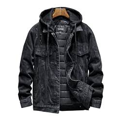 FBYDLL Herren Gefütterte Jeansjacke - Kapuzen Quilting Winter Sherpa Western Cowboy Mantel, Multi-Pocket Tooling Verdicken Trucker Jeans Outwear, Button Down Langarm Übergröße,Schwarz,Xl von FBYDLL