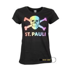 FC St. Pauli T-Shirt Shirt Oberteil Aufdruck Totenkopf Regenbogen Kollektion 2020 Damen Frauen schwarz + 2X FANERGY Traubenzucker (L) von FC St. Pauli