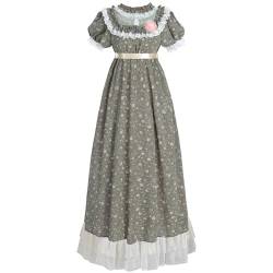 FCCAM Regency-Kleid für Damen, Blumenmuster, 1800er-Jahre, Regency-Era-Kleid, Empire-Taille, Regency-Ballkleid, Grün , Mittel von FCCAM FCCAM