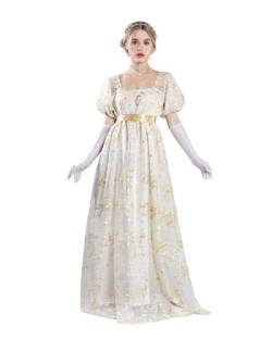 FCCAM Goldene Regency Kleider für Frauen 1800er Vintage Kleid Viktorianisches Ballkleid mit Handschuhen L von FCCAM