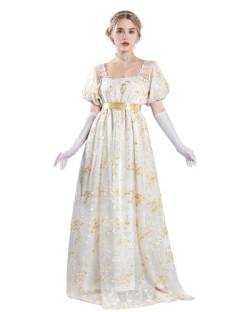 FCCAM Goldene Regency Kleider für Frauen 1800er Vintage Kleid Viktorianisches Ballkleid mit Handschuhen XL von FCCAM