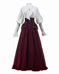 FCCAM Mittelalter Kleidung Damen Festliche Kleider für Damen Viktorianische Kleid Kleider Damen Festlich Karneval Kostüm Damen nklusive Weiß Bluse und Rot Rock, L/XL von FCCAM