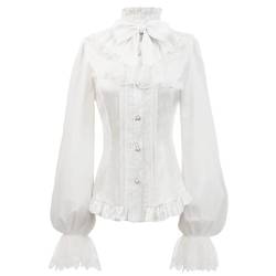 FCCAM Rüschenbluse Viktorianische Bluse weißes Hemd Lolita Blouse Bluse Trompetenärmel Damen Weiße Rüschenbluse Weiße Bluse mit abnehmbarem Bogen L von FCCAM