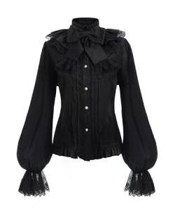 FCCAM Schwarz Hemd Viktorianische Bluse Steampunk Bluse Damen Schwarz Blusen Günstig Womens Schwarz Blouse mit abnehmbarem Bogen 3XL von FCCAM