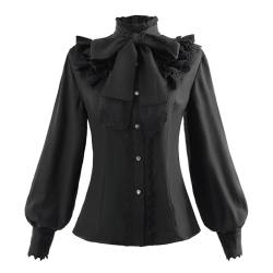 FCCAM Viktorianische Bluse Damen Steam Punk Bluse mit Spitzenbordüre Stehkragen Langärmelig Schwarz M von FCCAM
