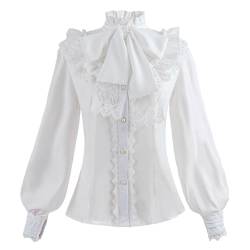 FCCAM Viktorianische Bluse Damen Steam Punk Bluse mit Spitzenbordüre Stehkragen Langärmelig Weiß XL von FCCAM