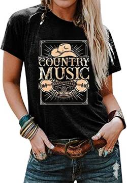 Country Music T-Shirt Damen Vintage Grafik T-Shirt Lustiges Western Cowboy Shirt Casual Kurzarm Tops, schwarz, Mittel von FCDIED