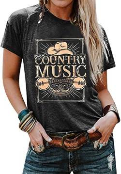 Country Music T-Shirt für Damen, Vintage-Grafik, lustiges Western-Cowboy-Hemd, lässig, kurzärmelig, Grau, Groß von FCDIED