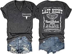 Last Night We Let The Liquor Talk Country Music T-Shirt Frauen Brief Druck V-Ausschnitt T-Shirt Western Bull Skull Tee Tops, Grau, Mittel von FCDIED