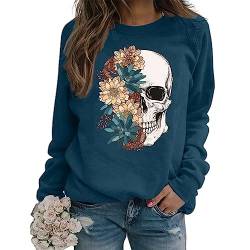 Bloom Skull Sweatshirt für Damen Boho Floral Skull Grafik T-Shirt Herbst Langarm Rundhalsausschnitt Pullover Tops, Blau, XXL von FCHICH