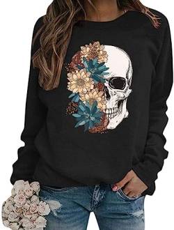 Bloom Skull Sweatshirt für Damen Boho Floral Skull Grafik T-Shirt Herbst Langarm Rundhalsausschnitt Pullover Tops, Schwarz, XXL von FCHICH