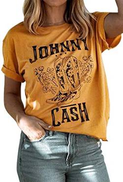 Cash T-Shirt Damen Lange Stiefel Grafik Kurzarm Tees Loose Top Country Music Party Shirt Bluse Tees, gelb, X-Groß von FCHICH