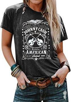 Cash T-Shirt Frauen Lange Stiefel Grafik Kurzarm Tees Lose Top Country Musik Party Shirt Bluse Tees, Grau 2, XX-Large von FCHICH