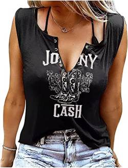 Cash T-Shirt Frauen Lange Stiefel Grafik Kurzarm Tees Lose Top Country Musik Party Shirt Bluse Tees, Schwarz, Klein von FCHICH