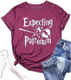 Expecting Patronum Mutterschaft T-Shirt Frauen Schwangerschaft Ankündigung Shirt Lustige Brief Druck Schwangere Mama Tee Tops, Violett, Rot, XX-Large von FCHICH