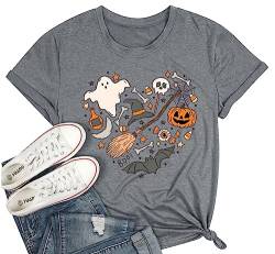 Halloween Doodles Shirt für Frauen Niedlich Vintage Grafik Halloween Party T-Shirt Kurzarm Herbst Saison Tees, Grau, Groß von FCHICH