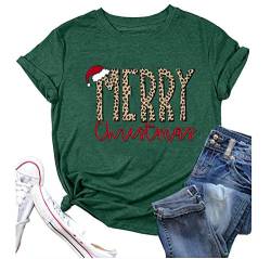 Merry Christmas T-Shirt für Damen, süßes Weihnachtsmannmütze, Shirt, Leopardenmuster, kurzärmelig, Urlaubst-Shirt - Gr�n - Groß von FCHICH