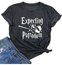 Schwangerschafts-T-Shirt mit Aufschrift "Expecting Patronum" für Frauen, Schwangerschaftsankündigung, lustiges Buchstaben-Aufdruck, Schwangere, grau, Groß von FCHICH
